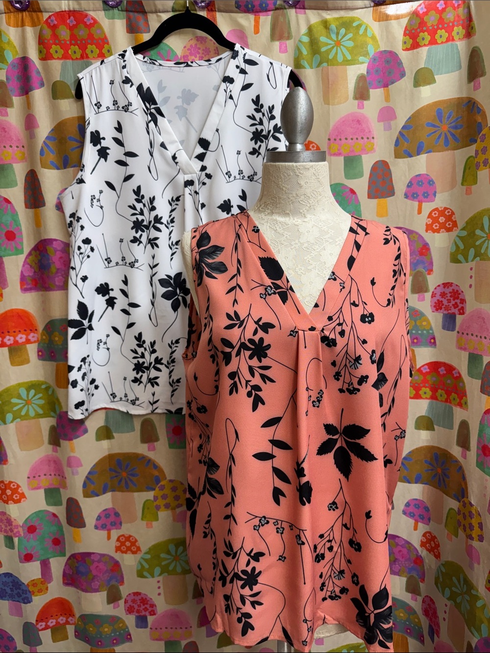 Sleeveless V-Neck Floral Top - Coral and White Bundle. XL